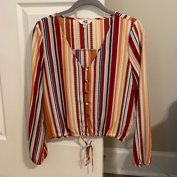 Jack by BB Dakota XS Silky Cropped Multicolor V Neck Blouse with Buttons and Tie - Picture 2 of 5